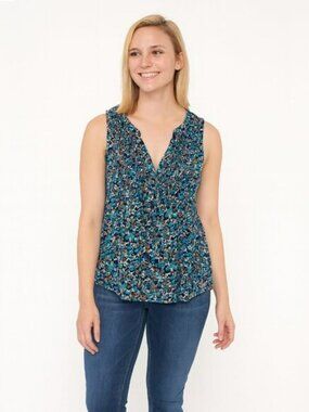 2/$30 Lucky Brand Floral Print Sleeveless Blouse Black Teal Multi Medium #A1474